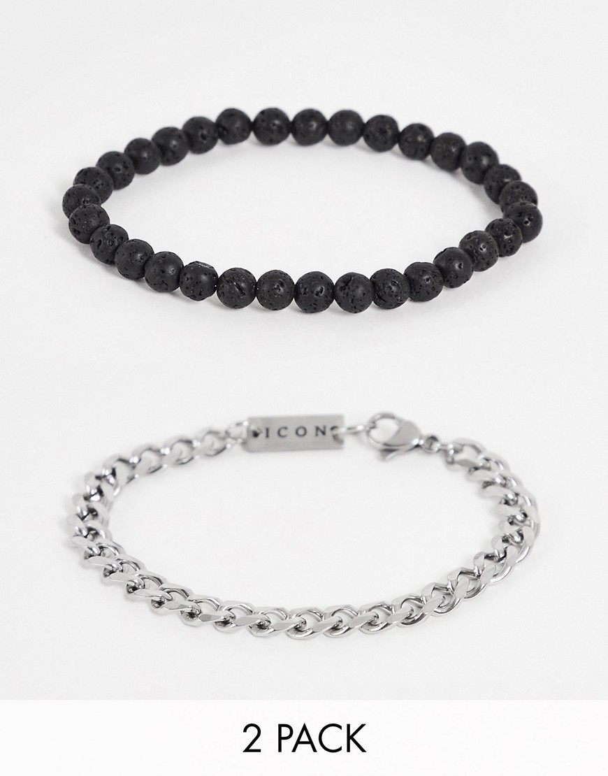 Icon Brand Stainless Steel Volcanic Bead Bracelet In Silver And Black