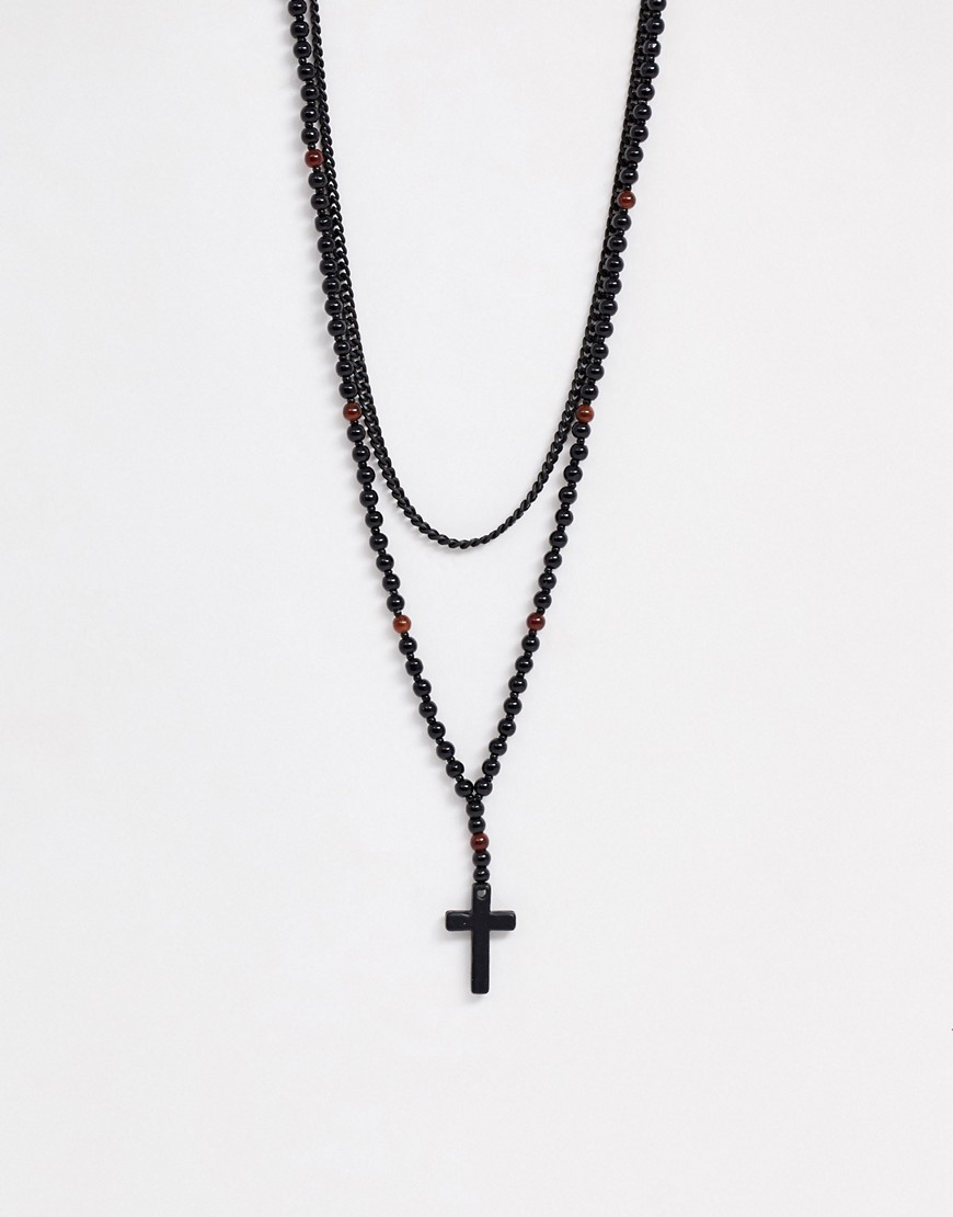 Icon Brand – Svart halskedja med pärlor och ett hänge i form av ett kors