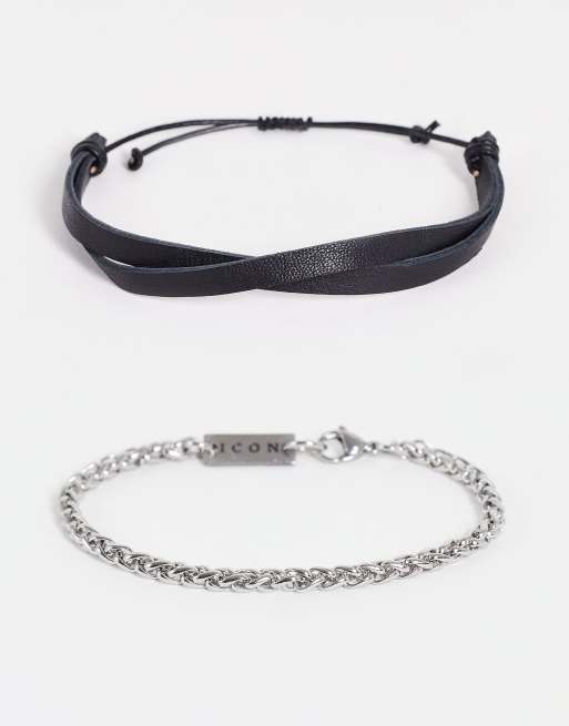 Icon Brand – Svart och silverfärgat armband i läder och rostfritt stål