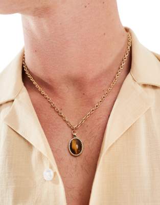 tigers eye oval pendant necklace in gold