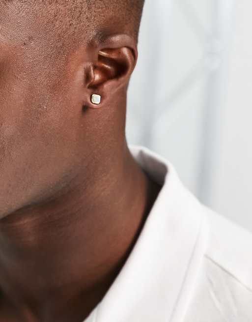 Icon Brand - Vierkante oorknopje met groene marmeren steen in goud