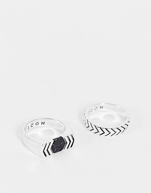 Icon Brand – Zestaw 2 pierścionków w kolorze srebrnym z czarnym kompozytem