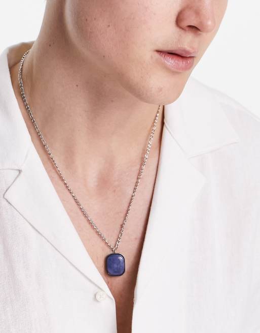 Icon – Halskette aus Edelstahl in Silber mit blauem, marmoriertem Steinanhänger