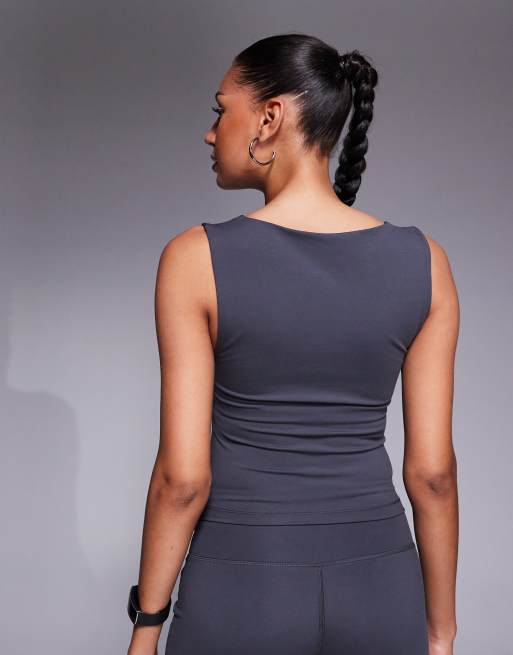 Icon soft touch boat neck tank top with shelf bra in iron gray | ASOS