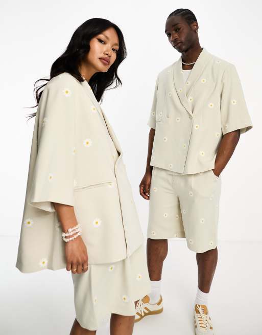 IIQUAL - Blazer unisex con maniche a 3/4 e margherite ricamate color crema in coordinato