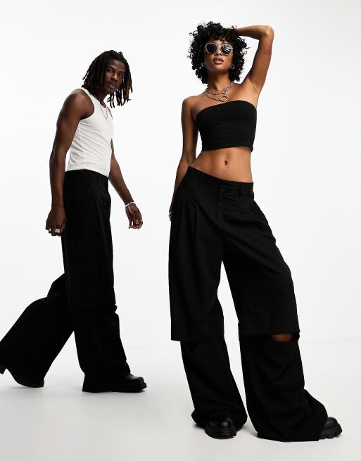 IIQUAL - Pantalon unisexe ajusté et large avec fentes aux genoux - Noir