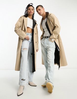 IIQUAL unisex belted trench coat with leather detail in beige - ASOS Price Checker