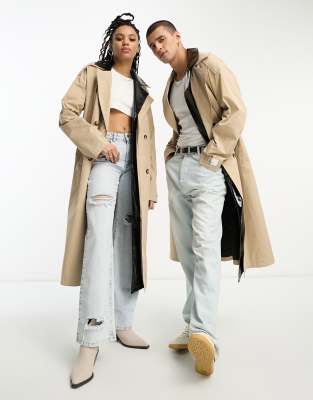 IIQUAL unisex belted trench coat with leather detail in beige - ASOS Price Checker