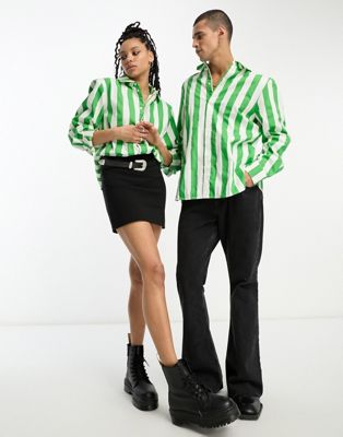 IIQUAL unisex boxy shirt in white & green stripe-Multi