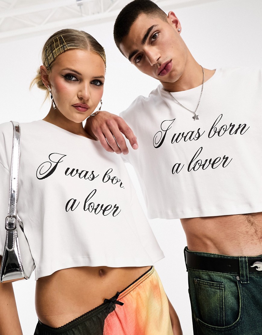 IIQUAL unisex 'I was born a lover' glitter cropped t-shirt in white