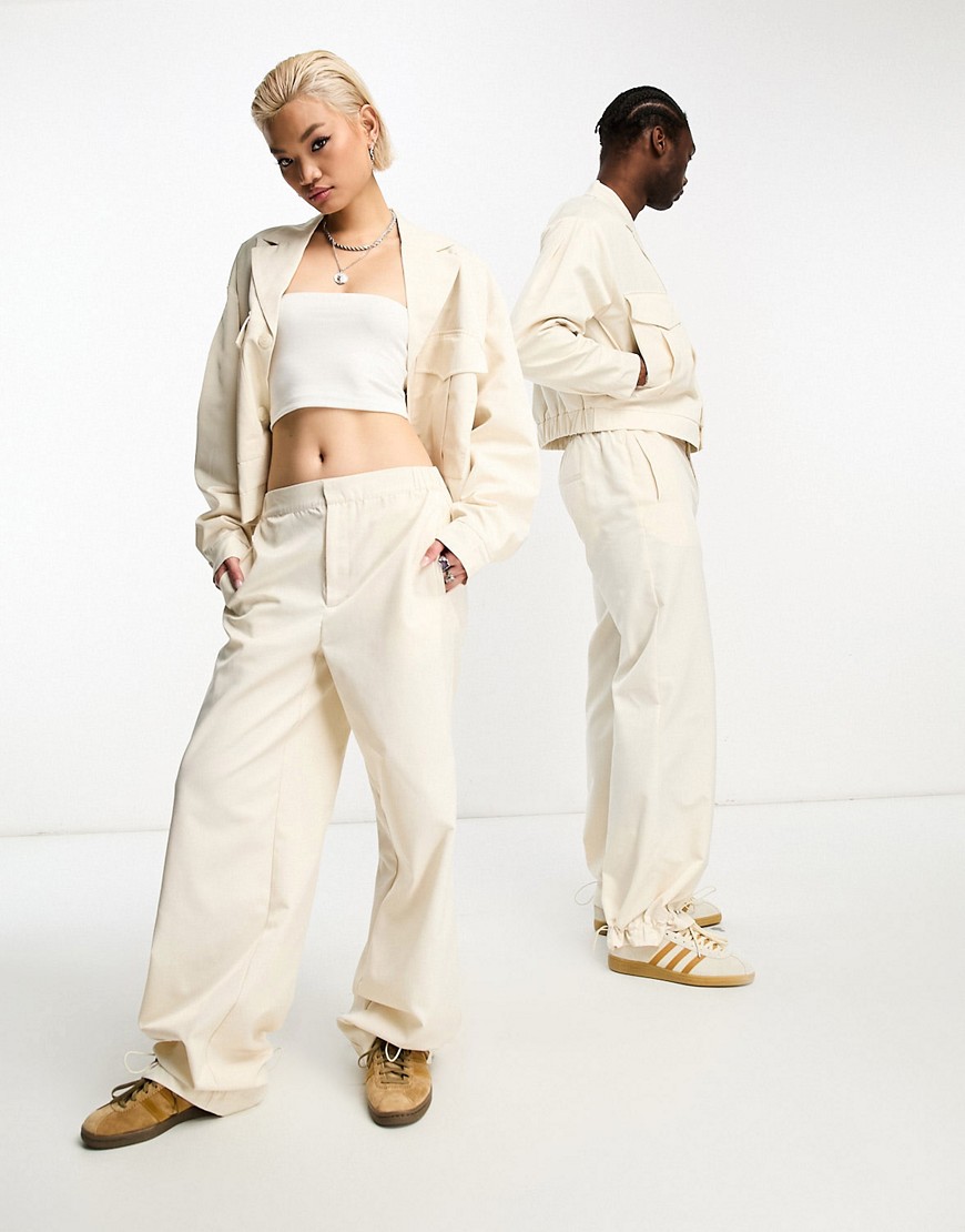 IIQUAL unisex parachute trousers co-ord in cream-White