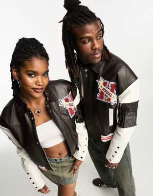 IIQUAL unisex patch detail leather jacket in black - ASOS Price Checker