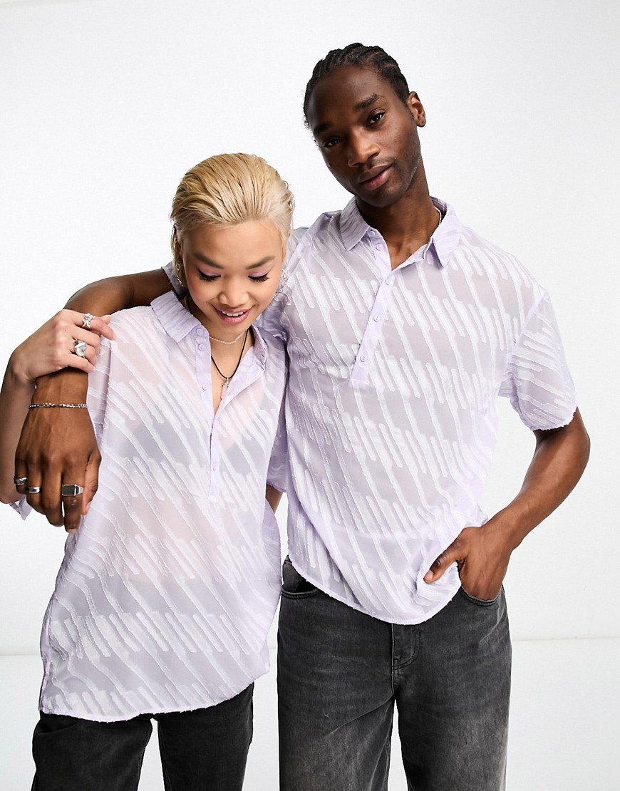 IIQUAL unisex sheer textured polo shirt in lilac-Purple
