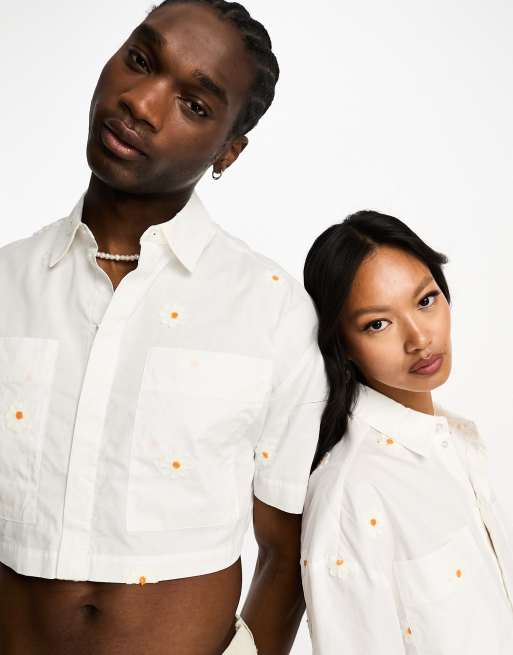 IIQUAL – Unisex – Vit, kort skjorta med broderade blommor, 3 av 4