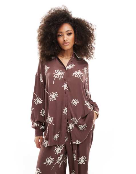 Iisla and Bird flower print long sleeve beach shirt co-ord in brown - view 1