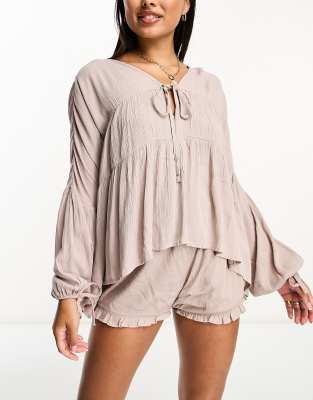 Iisla & Bird IIsla & Bird beach long sleeve tiered top co-ord in blush nude-Neutral
