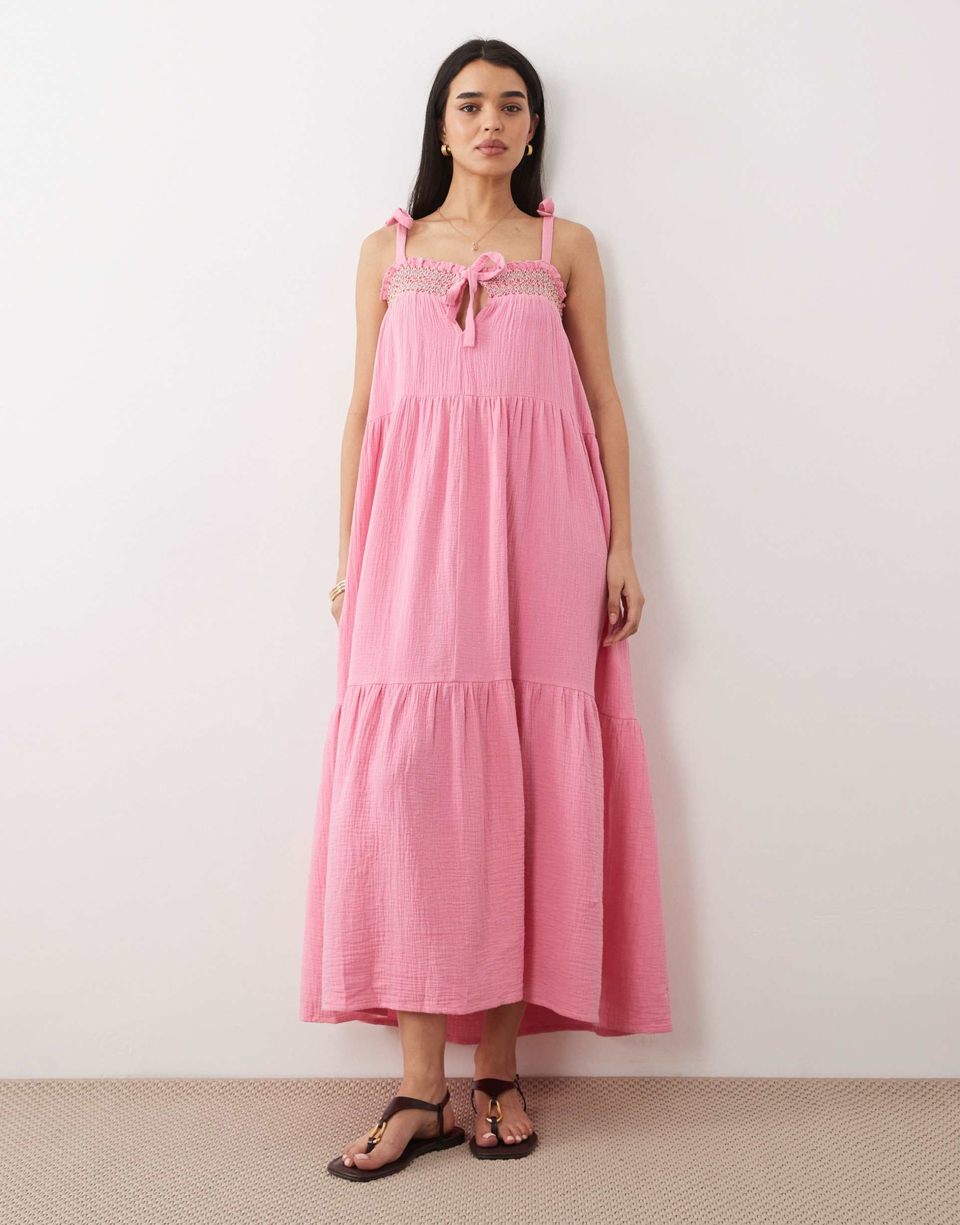 iisla & bird beach maxi dress with shirred detailing in pink
