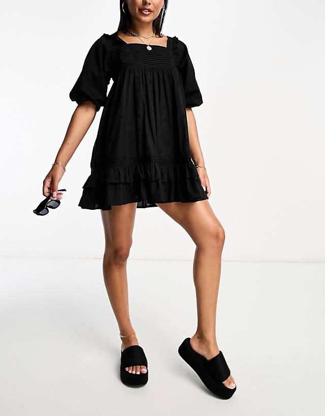 Iisla & Bird - beach pin tuck volume broidery mini beach summer dress in black