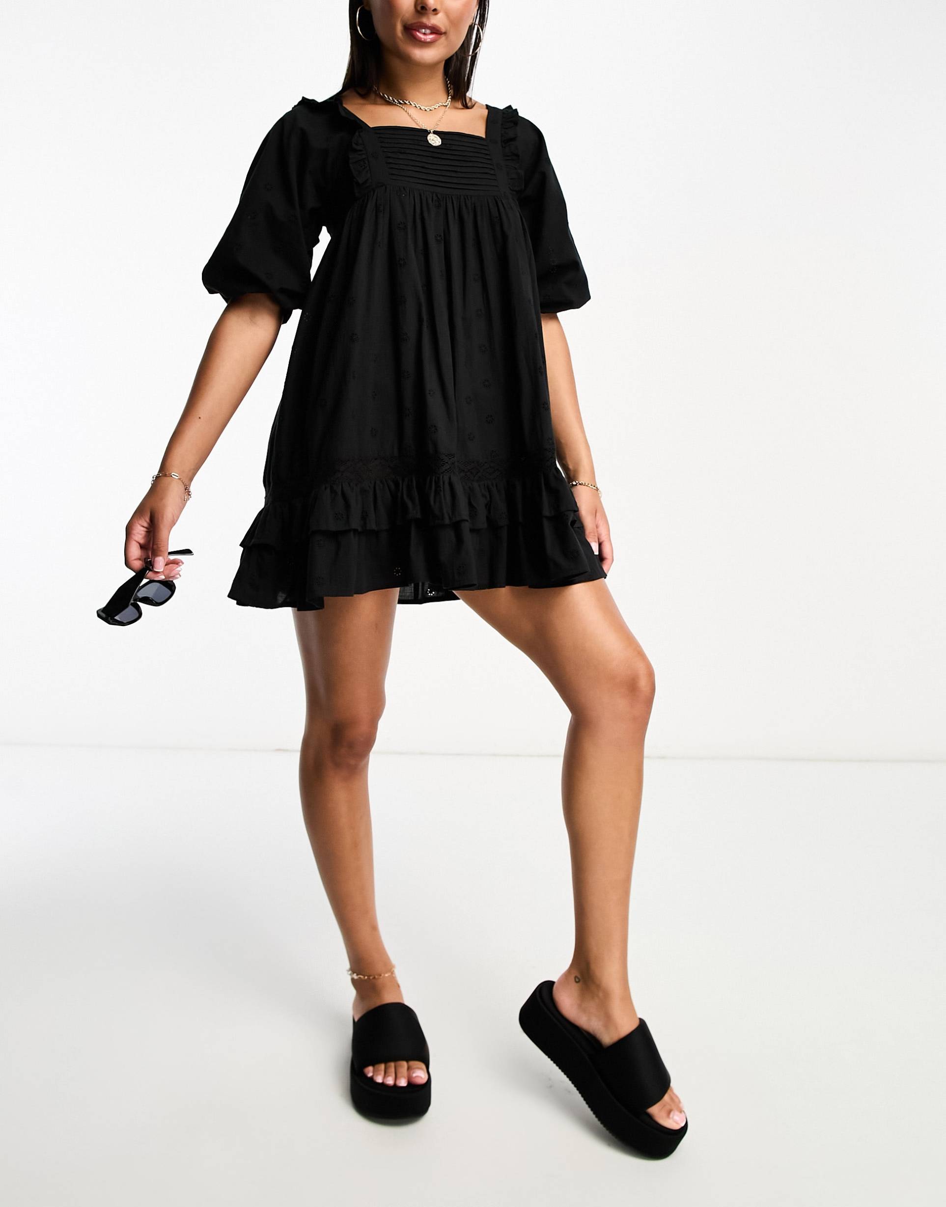 iisla & bird beach pin tuck volume eyelet mini beach summer dress in black