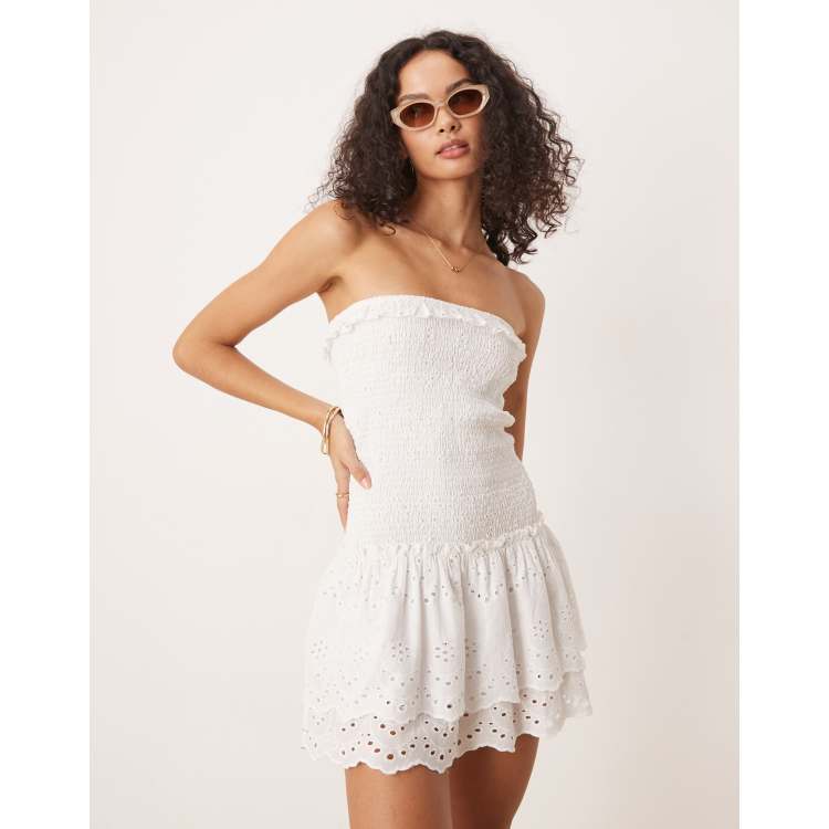 Iisla & Bird broderie ruched bandeau mini beach dress in white | ASOS