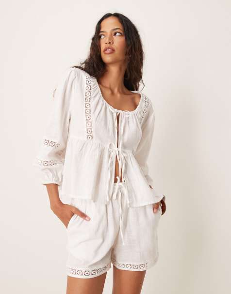 Iisla & Bird - Chemise de plage d'ensemble à manches longues avec empiècements en crochet et liens devant - Blanc - view 1