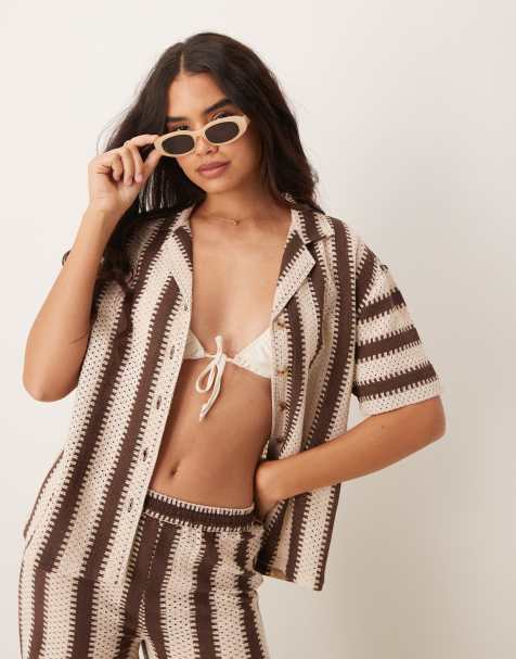 Iisla & Bird - Chemise de plage d'ensemble en maille crochetée rayée - Marron/crème - view 1