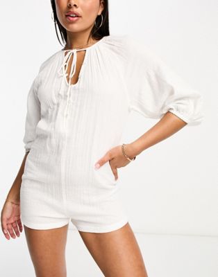IIsla & Bird loose fit button down beach playsuit in white  - ASOS Price Checker