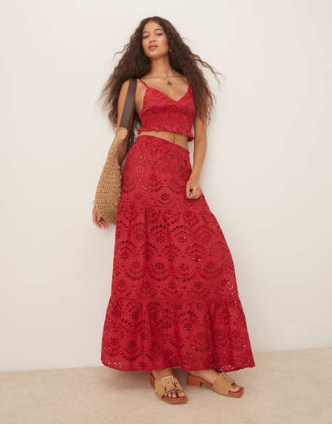 Iisla & Bird broderie maxi beach skirt in cherry red