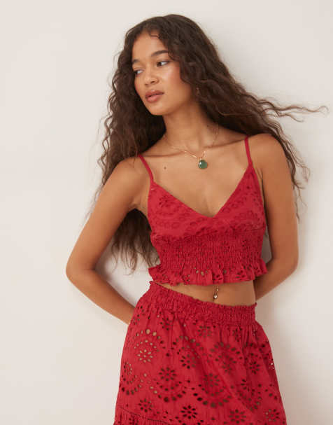 Iisla & Bird broderie v neck ruch beach top co-ord in cherry red