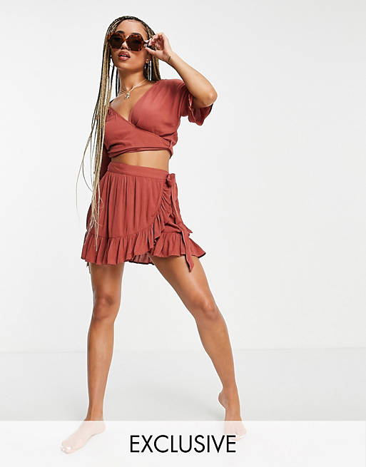 Iisla & Bird Exclusive co-ord beach wrap skirt in rust