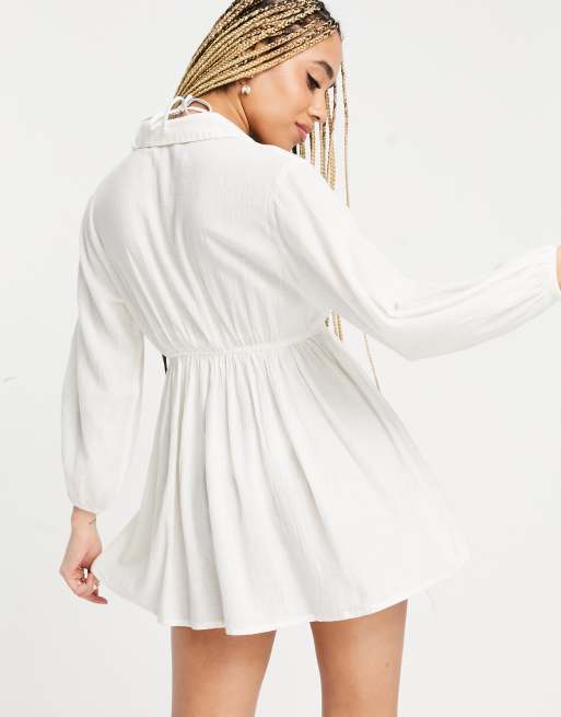 Iisla & Bird Exclusive drawstring mini beach summer dress in sand | ASOS