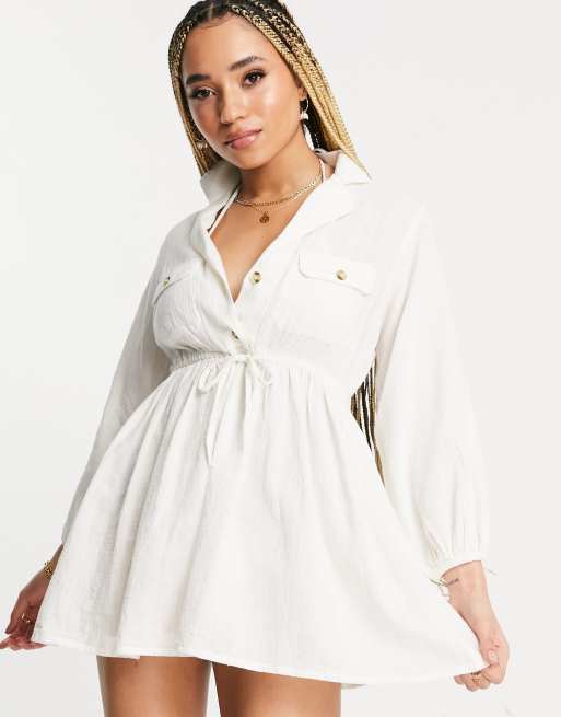 Iisla & Bird Exclusive drawstring mini beach summer dress in sand | ASOS
