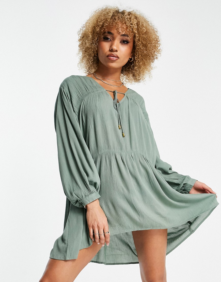Exclusive mini beach swing summer dress in khaki-Green