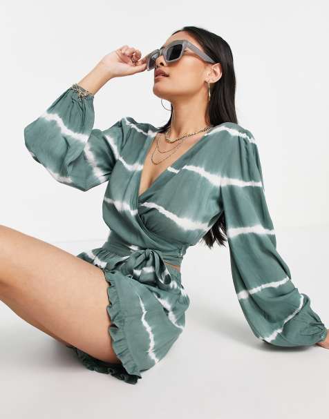 IIsla & Bird Exclusive plunge wrap co ord beach top in khaki tie dye - view 1
