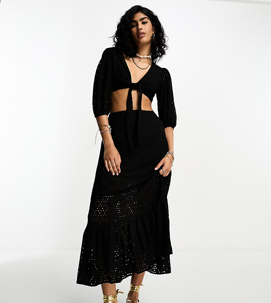eyelet maxi tiered beach skirt in black - part of a set