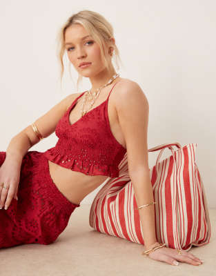 eyelet v neck ruched beach top in cherry red - part of a set