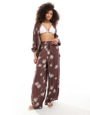 Isla & Bird Iisla & Bird flower print beach trouser co-ord in brown