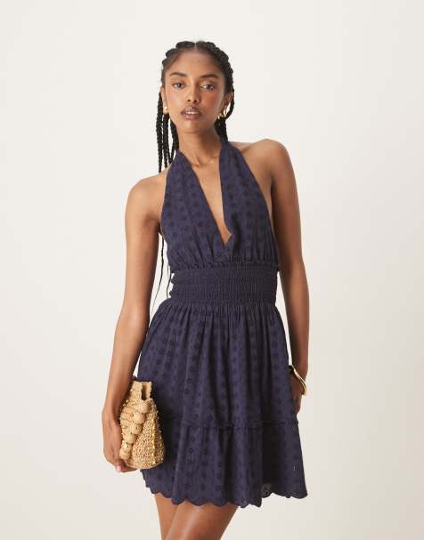 Iisla & Bird halterneck broderie mini beach dress in navy - view 1