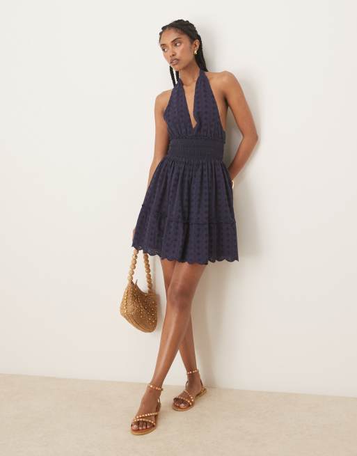 Iisla & Bird halterneck broderie mini beach dress in navy