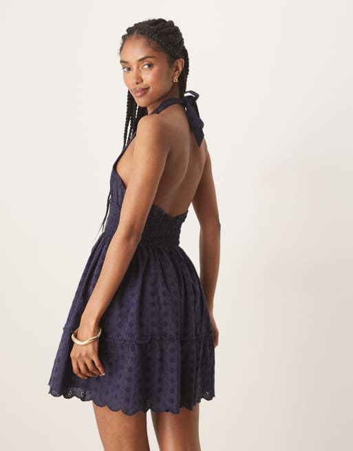 chinese dress ladies Blue Multi Scallop Cutout Floral Lace Dress