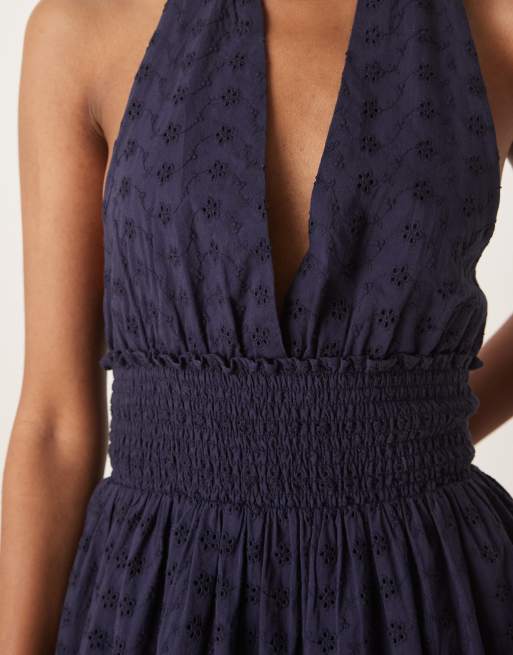 Iisla & Bird halterneck broderie mini beach dress in navy