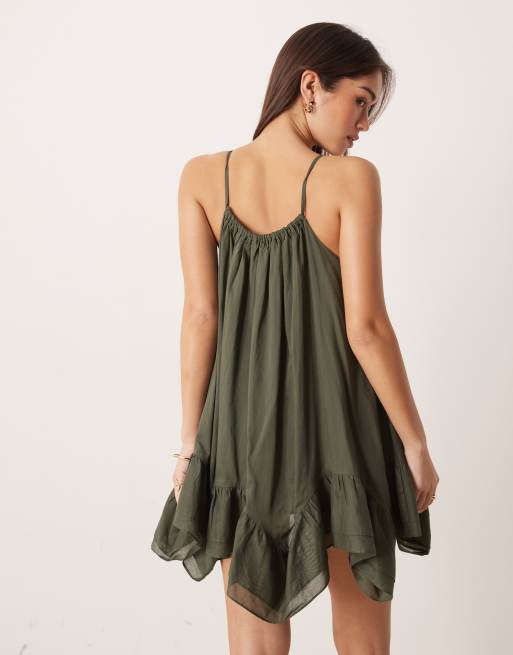 Iisla & Bird hanky hem mini dress in olive, 3 of 4