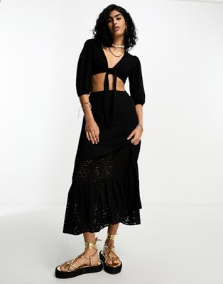 IIsla & Bird broderie maxi tiered beach skirt co-ord in black  - ASOS Price Checker
