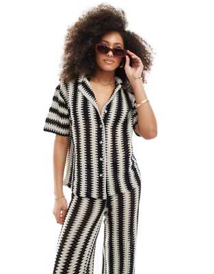 Iisla & Bird IIsla & Bird knitted stripe short sleeve beach shirt co-ord in black and white-Multi