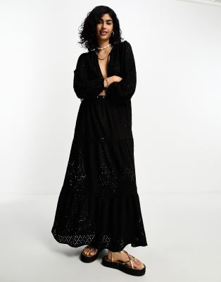 Iisla & Bird - Langärmliges Maxi-Sommerkleid in Schwarz mit Lochstickerei