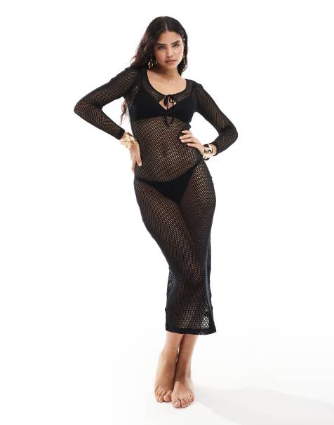 Iisla & Bird – Langärmliges Maxi-Strandkleid aus Strick in Schwarz mit Bindeband vorn - view 1