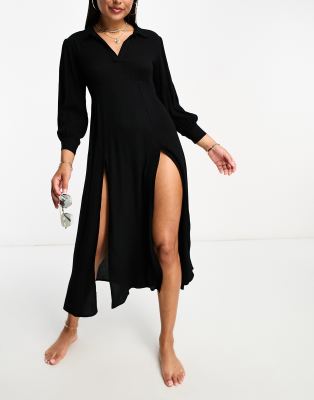 Thumbnail - Iisla & Bird - Langes, sommerliches Strand-Hemdkleid in Schwarz mit Schlitzen