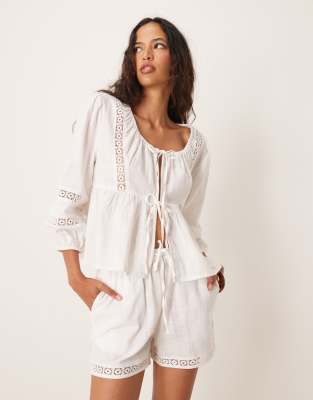 Iisla & Bird Iisla & Bird long sleeve crochet panel tie front beach shirt co-ord in white