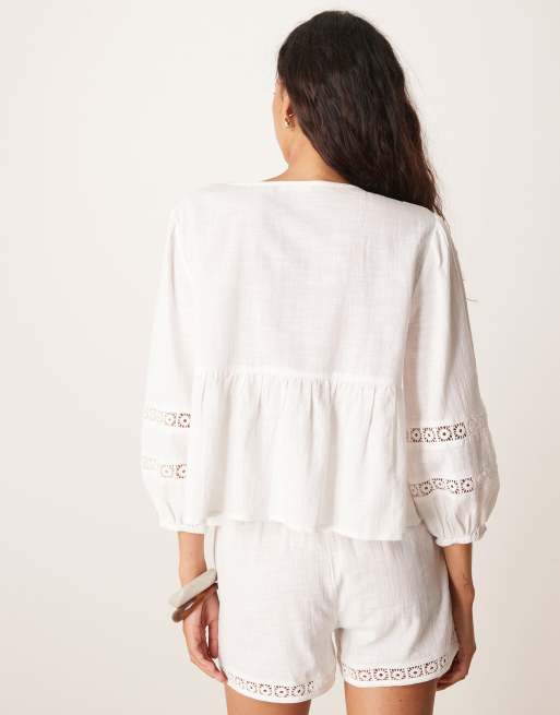 Iisla & Bird long sleeve crochet panel tie front beach shirt in white - part of a set
