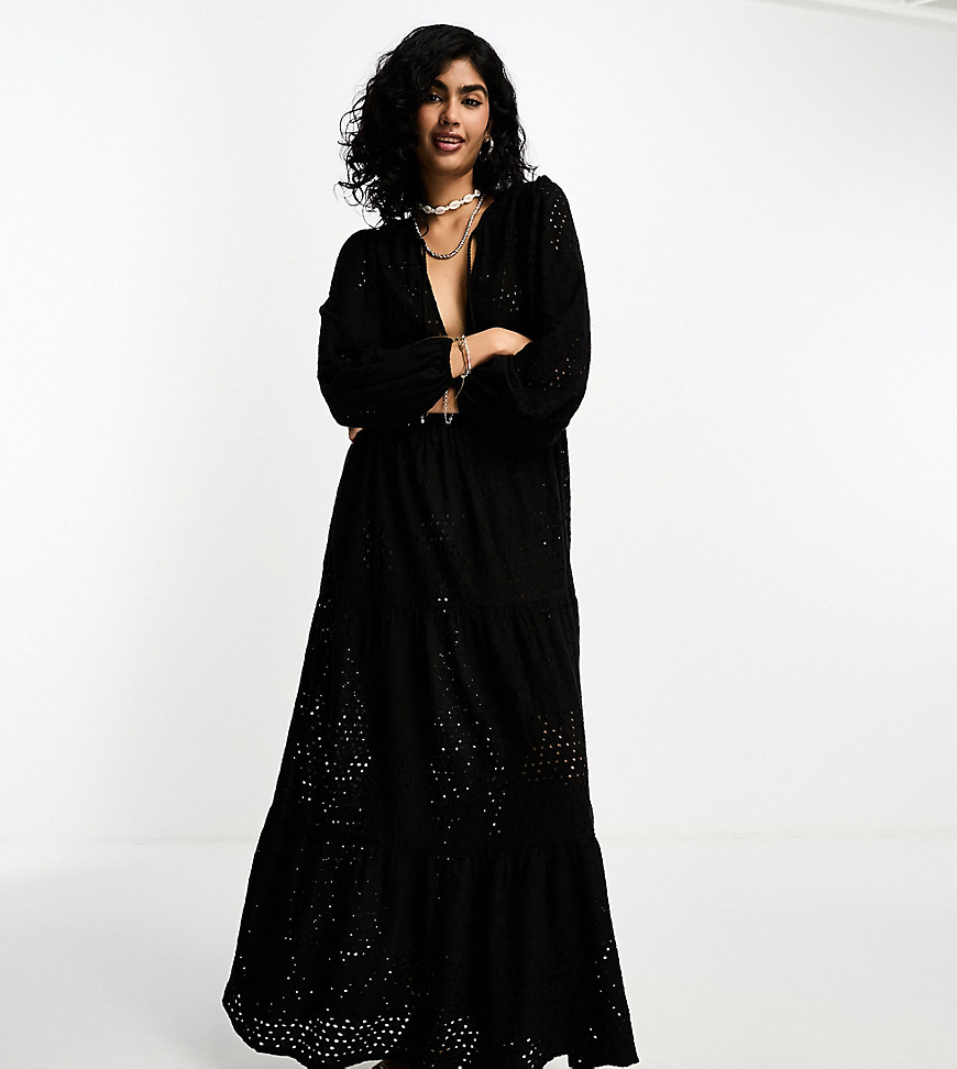 Iisla & Bird Long Sleeve Maxi Broderie Dress In Black